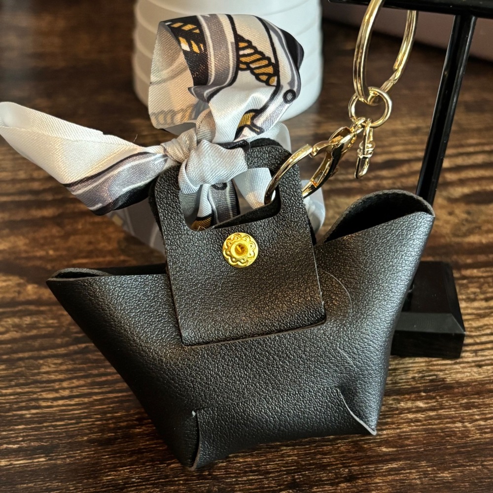 Black Mini Tote Bag Keychain Charm with Scarf Detail and Gold Hardware